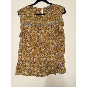 danielrainn Women's Floral Smocked Blouse Top Yellow Orange Blue Size L